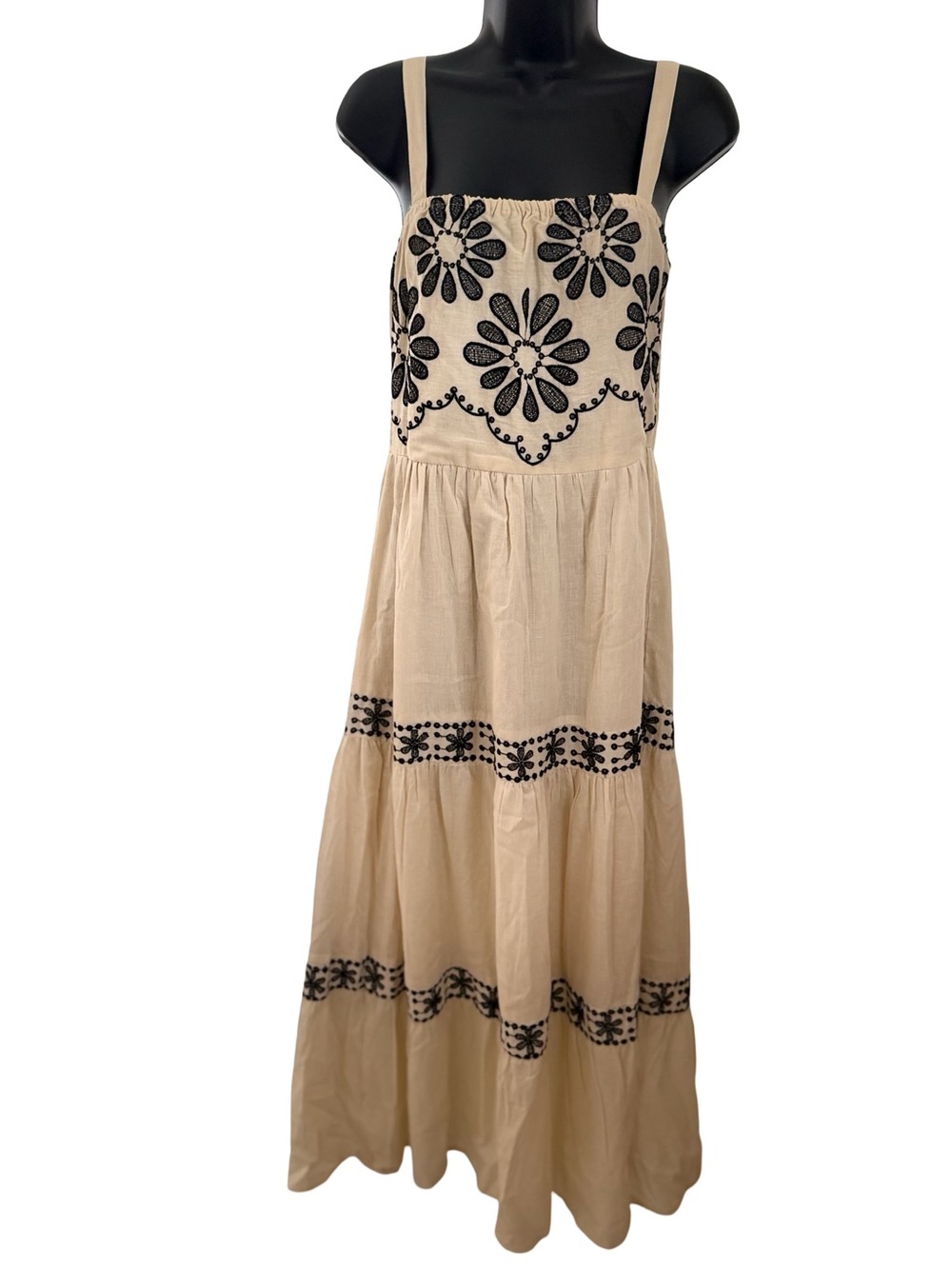 NAOO 100% CottonBOHO Resort wear Beige Embroidered Maxi Dress with Black Floral